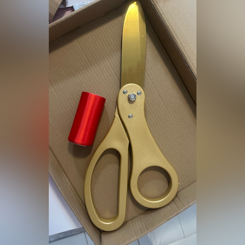 Gold Scissors with Red Ribbon